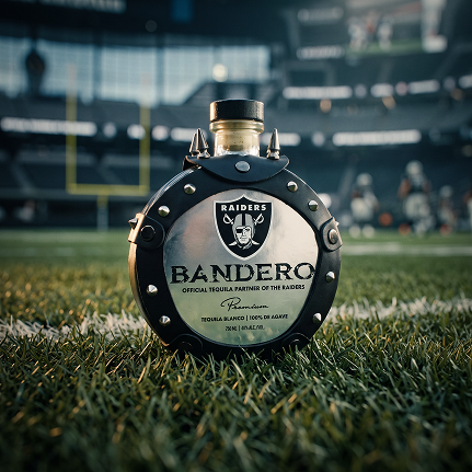 Bandero Raiders commemorative bottle on the grass at Allegiant Stadium
