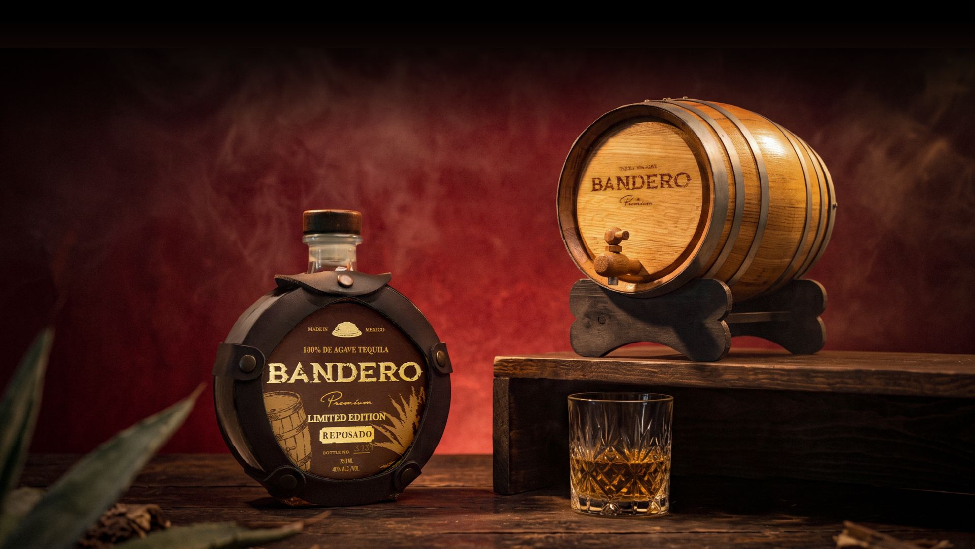 Bandero Reposado bottle beside an aging barrel
